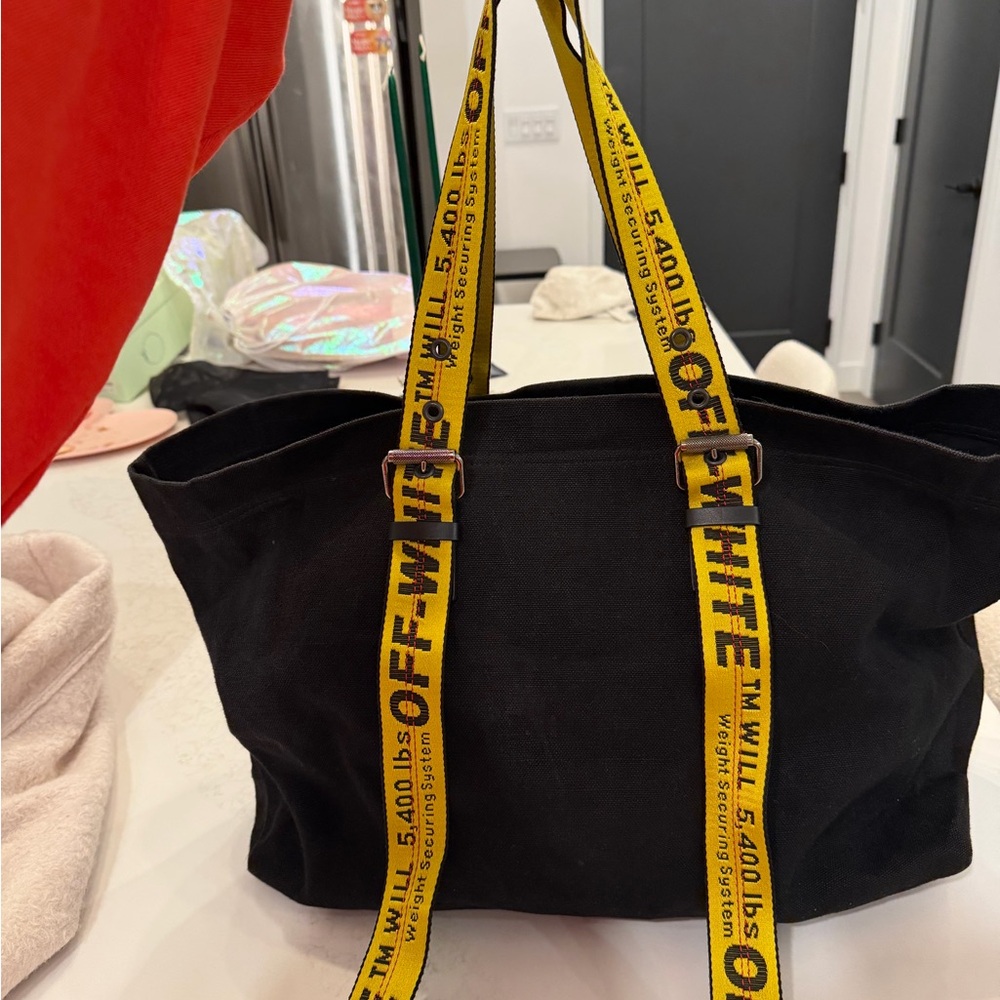 Off-White Black Tote with Bold Yellow Straps